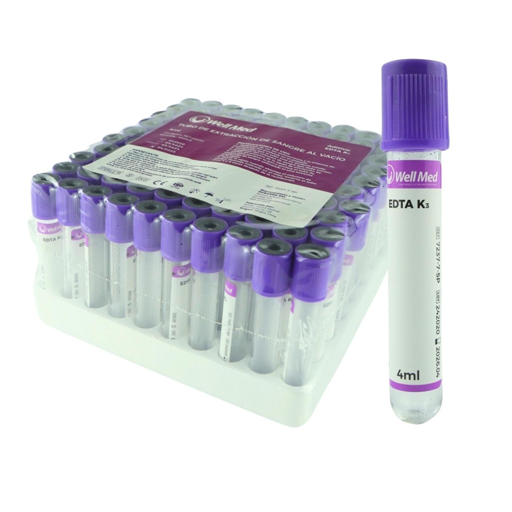 Tubo de Extracción de Sangre, 4ml, c/aditivo, Morado – Paquete de 100 WELL MED